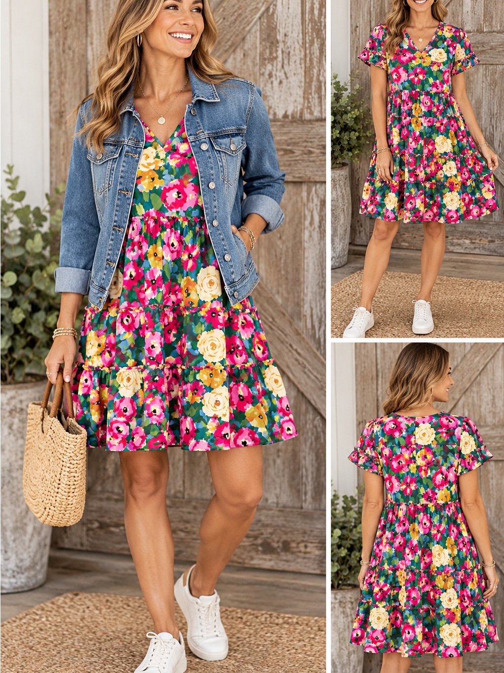 Umgee Pink Multi Floral V‑Neck Tiered Mini Dress